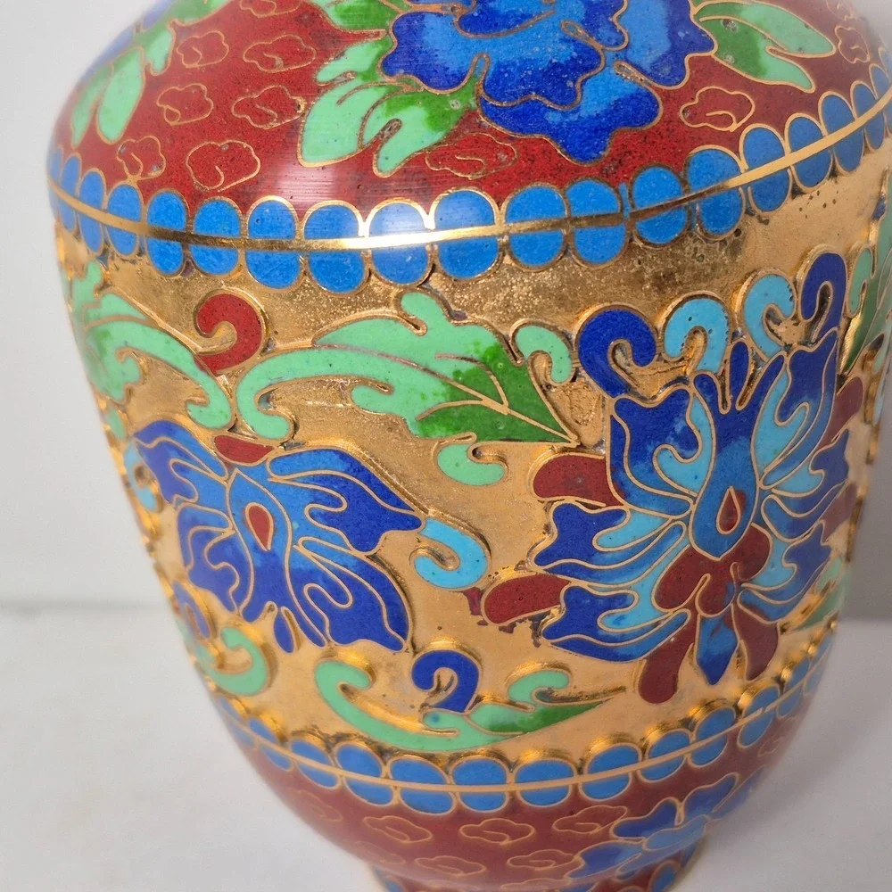 Vintage Chinese Jingfa Cloisonné Bud Vase Blue Aqua Rust Green Deep Cut 5.5